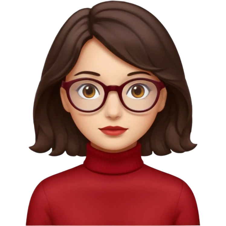 A girl has fair skin wavy dark brown hair, has glasses and almond brown eyes wears red turtle neck emoji