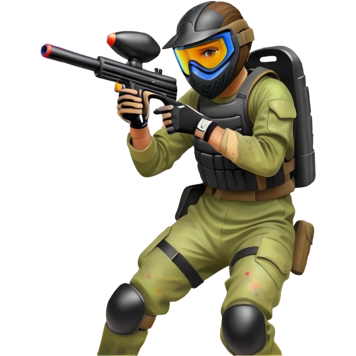 A dynamic scene of a player in action, holding a paintball gun and wearing protective gear. The background shows a vibrant paintball field with obstacles, colorful splatters of paint in the air, and an intense, competitive atmosphere. emoji