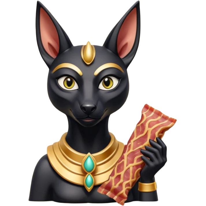  mean Short-eared Black fur beautiful female alien anubis statue posed biting on store-brand bacon packaging  emoji