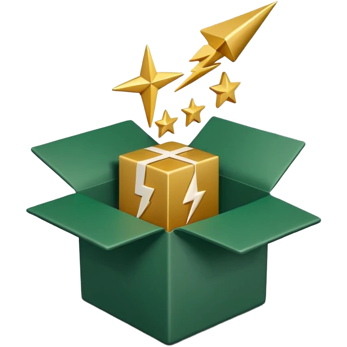 3D minimal open box with small floating icons coming out (envelope, lightning bolt, star), soft matte finish, deep green (#0B3D2C) box, gold (#C9B037) floating icons, Apple style, ultra clean and sleek, very soft ambient shadow, transparent background emoji