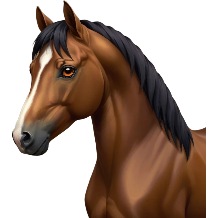 Cinematic Noble Bay Horse Portrait Emoji, Poised and regal, with a strong, athletic build and a rich, well-groomed bay fur accented by a dark mane and tail, deep-set soulful amber eyes, Simplified yet sharp and sophisticated features, highly detailed, glowing with a warm, dignified glow, high shine, intelligent and majestic, stylized with an air of equine elegance, focused and attentive, soft glowing outline, capturing the essence of a watchful and confident steed, so majestic it feels as though it could gallop out of the screen with effortless authority! emoji