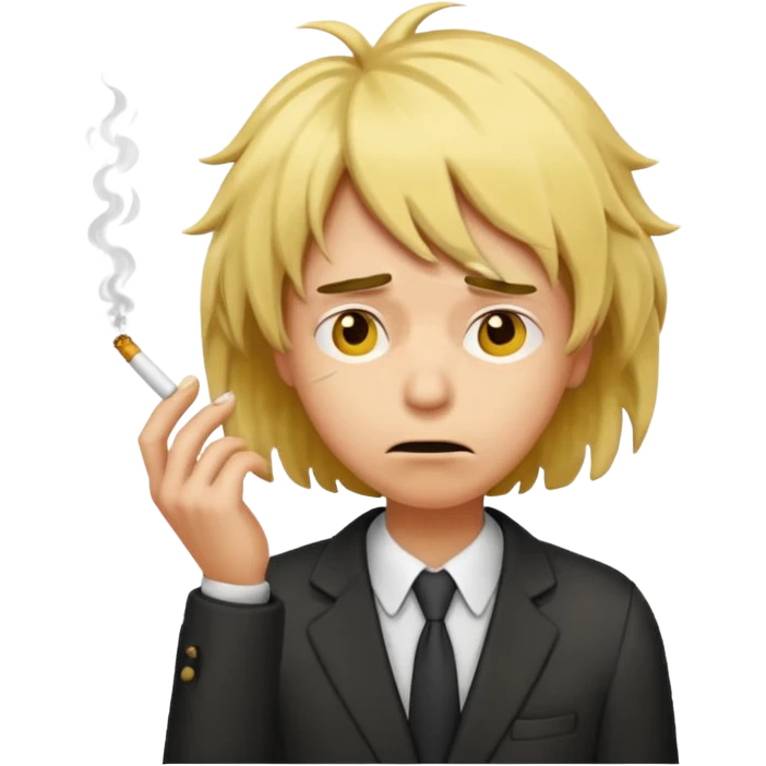 stressed classic yellow emoji looking down shaking head wearing a disheveled wig with a cigarette in hand emoji