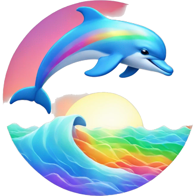 Dolphin with sunset behind and rainbows in the ocean  emoji