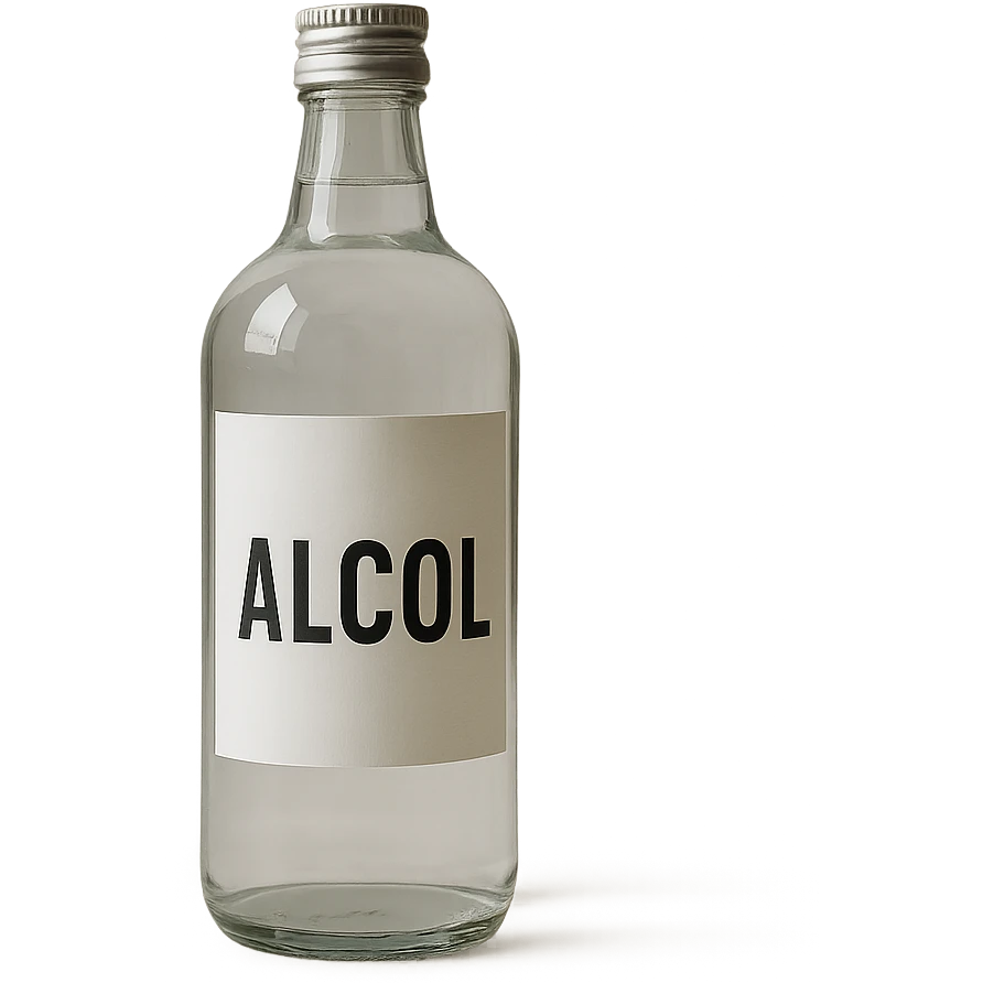 photo realistic transparent bottle with label reading 'alcol' in Italian emoji