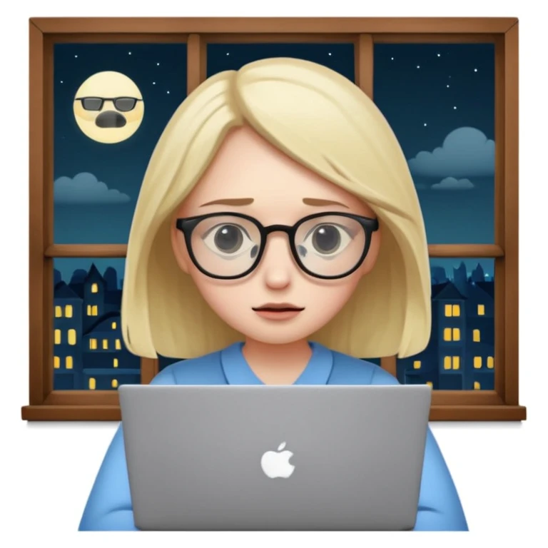 tired student with laptop, dark circles under eyes, window at night behind emoji