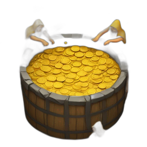 inside of a medieval mint showing different people working creating coins, some people turning hot gold into coins and some other people turning gold into liquid gold emoji