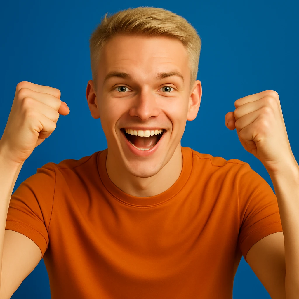 Add a blue background behind a young blond man with short hair, giving encouragement, maintaining the general style of the image. emoji