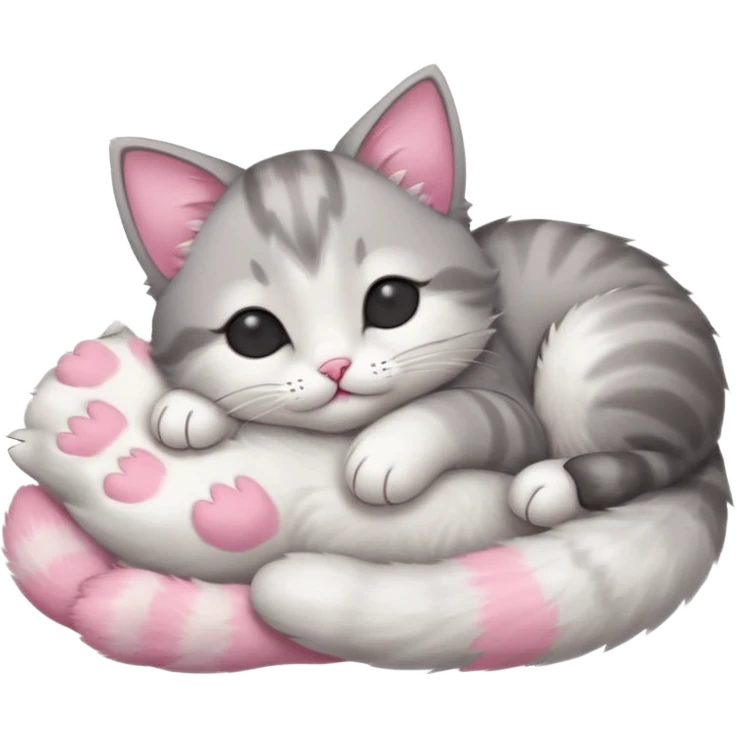 grey and white small cat with eyes closed lying down upside down with its head resting on its paw emoji