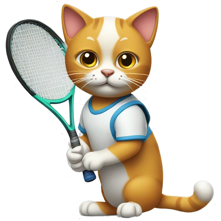 A cat playing tennis, racket in paws, with a focused expression emoji