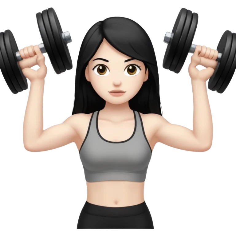 Pale girl with long black hair lifting weights emoji
