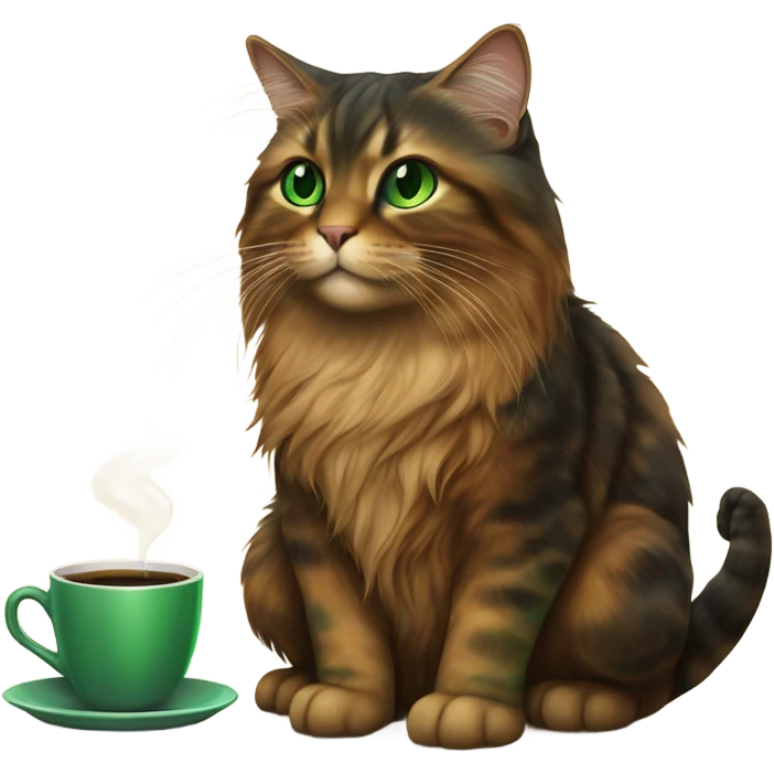 Long hair tortoise shell cat with green eyes drinking coffee emoji