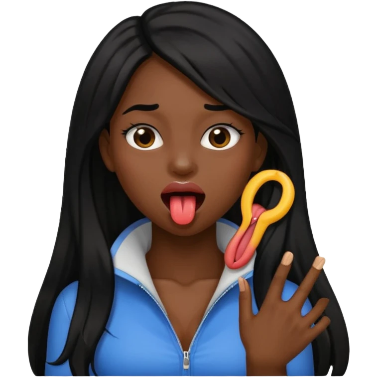 a black girl with long black hair holding her neck sticking her tongue out  emoji