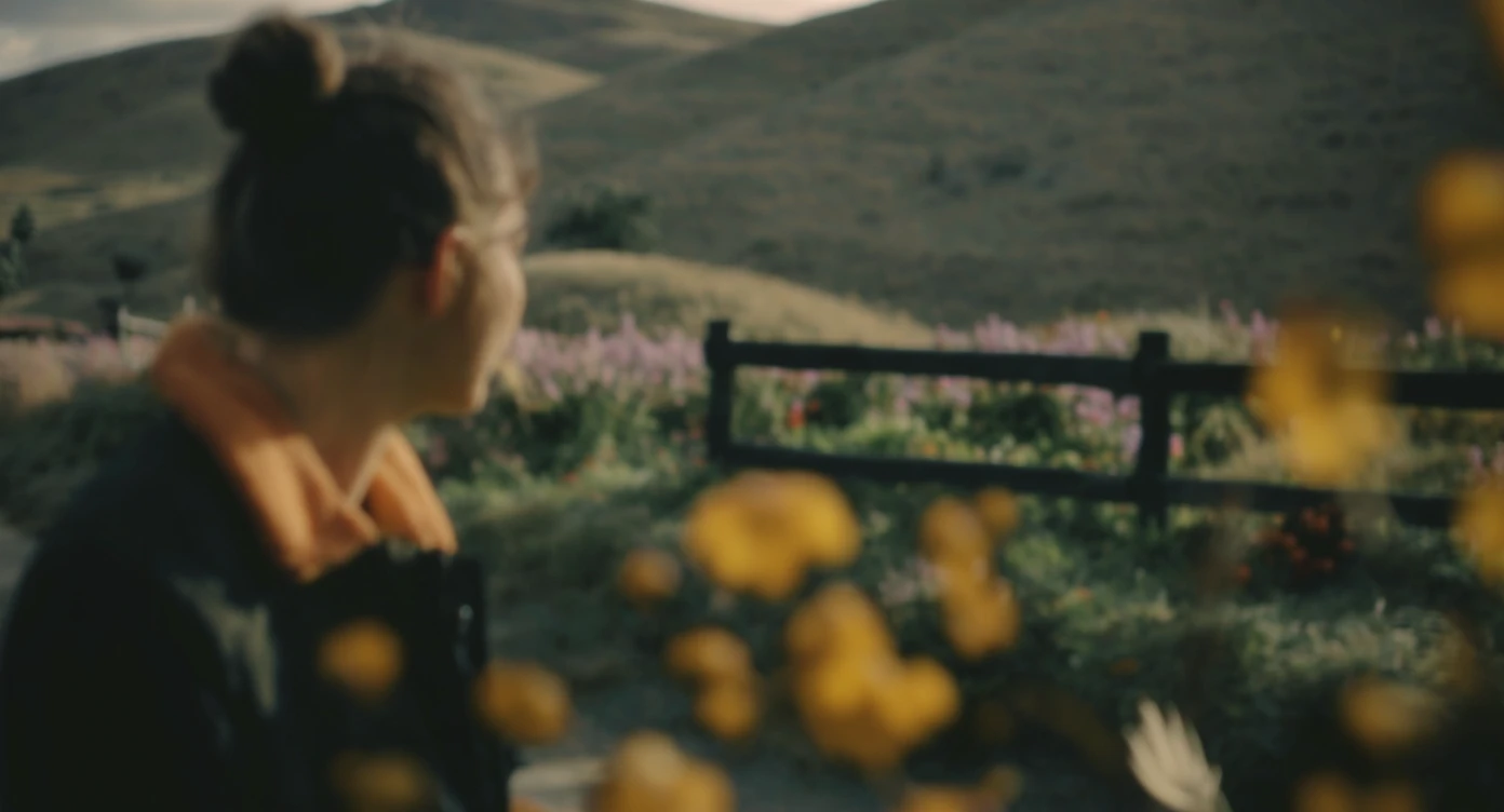 A portrait of a person in the foreground, blurred plants in the foreground (close to the camera), a wooden fence and colorfull flowers in the midground, rolling hills in the background, cinematic depth of field, layered composition, natural lighting emoji
