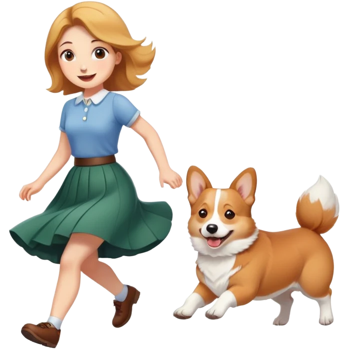 A beautiful girl with fair skin happily chases a corgi in a skirt emoji
