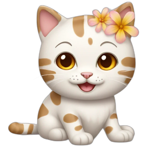 A while and cream cat with short wavy brown hair and spring flowers on its hair that laugh emoji