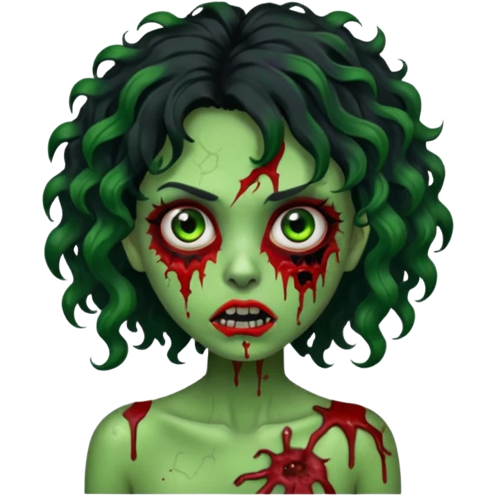 uma mulher com cabelos pretos e mechas vermelhas, cabelos encaracolados, e ela é um zumbi verde com olhos arregalados e marcas de mordidas e machucados pelo corpo  emoji