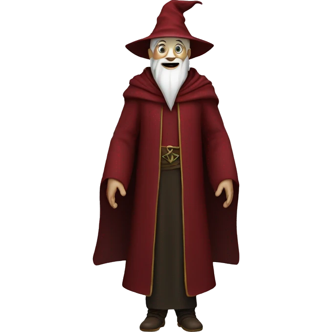 a white wizard dressed in dark red is happy. full body is shown emoji