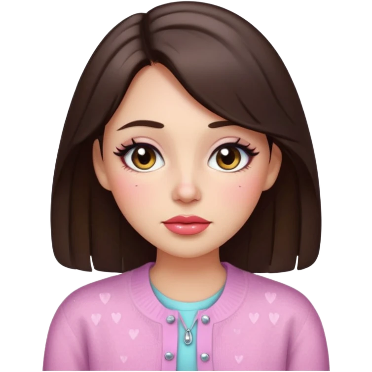 “Emoji brunette girl, dewy skin, heavy blush across cheeks and nose bridge, glossy cherry lips, soft eyeliner, teary sparkling eyes, pastel cardigan.” emoji