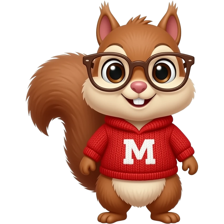 Draw Alvin the chipmunk as a cute female with M written on a red sweater and a brown glasses emoji