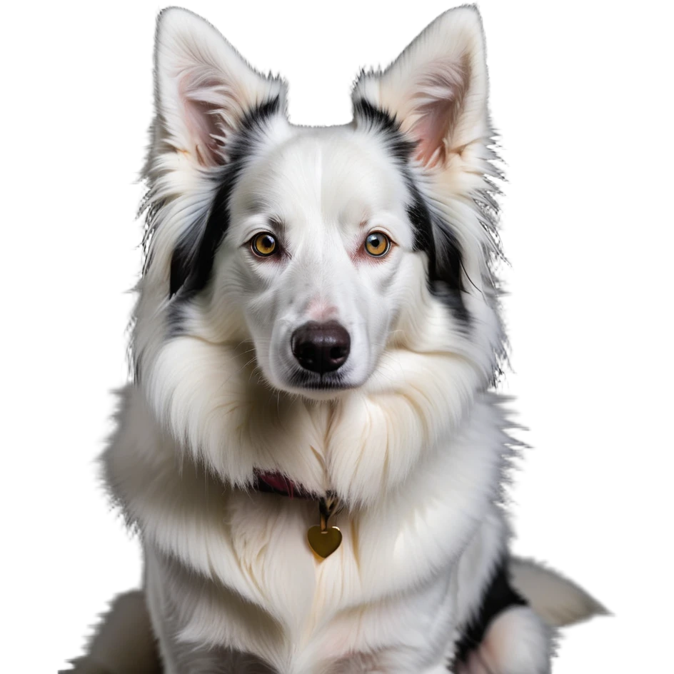 A pure white Border Collie dog sitting, with fluffy fur, alert pointed ears, and friendly expression emoji