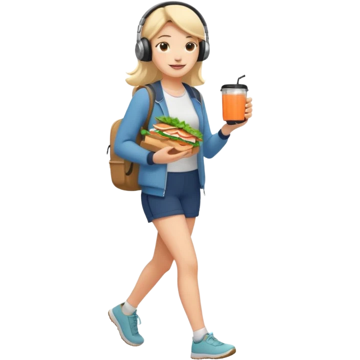 a young woman full length walks with headphones on with a salmon sandwich in one hand and herbal tea in the other hand emoji