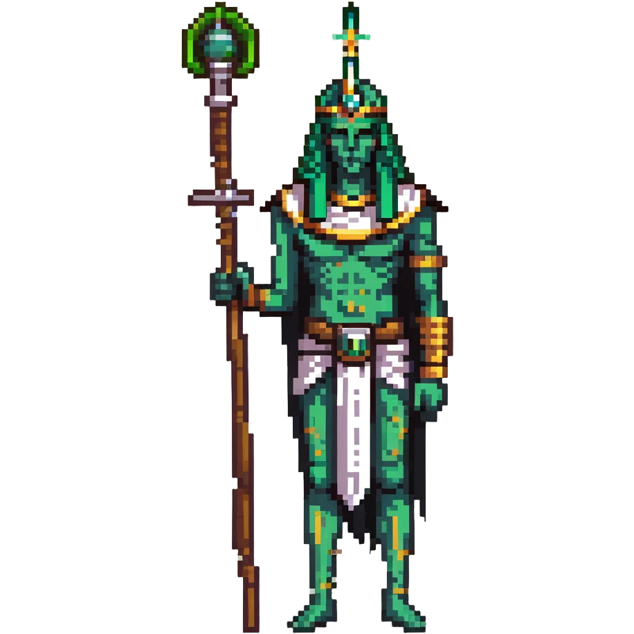 Egyptian god Osiris with green skin, mummified body, white Atef crown with feathers, holding crook and flail emoji