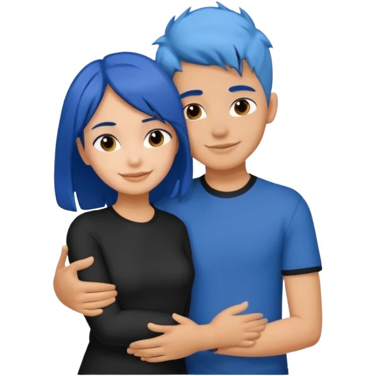 Happy DARK Blue hair girl hugging blue hair boy both wearing black shirts emoji