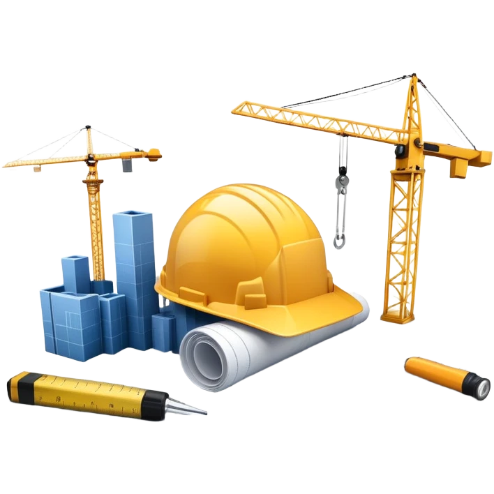 An icon featuring a blueprint, a hard hat, and a measuring tape, symbolizing architecture and construction. The design includes a building silhouette, cranes, and construction tools, representing the planning, design, and building processes. Transparent background. emoji