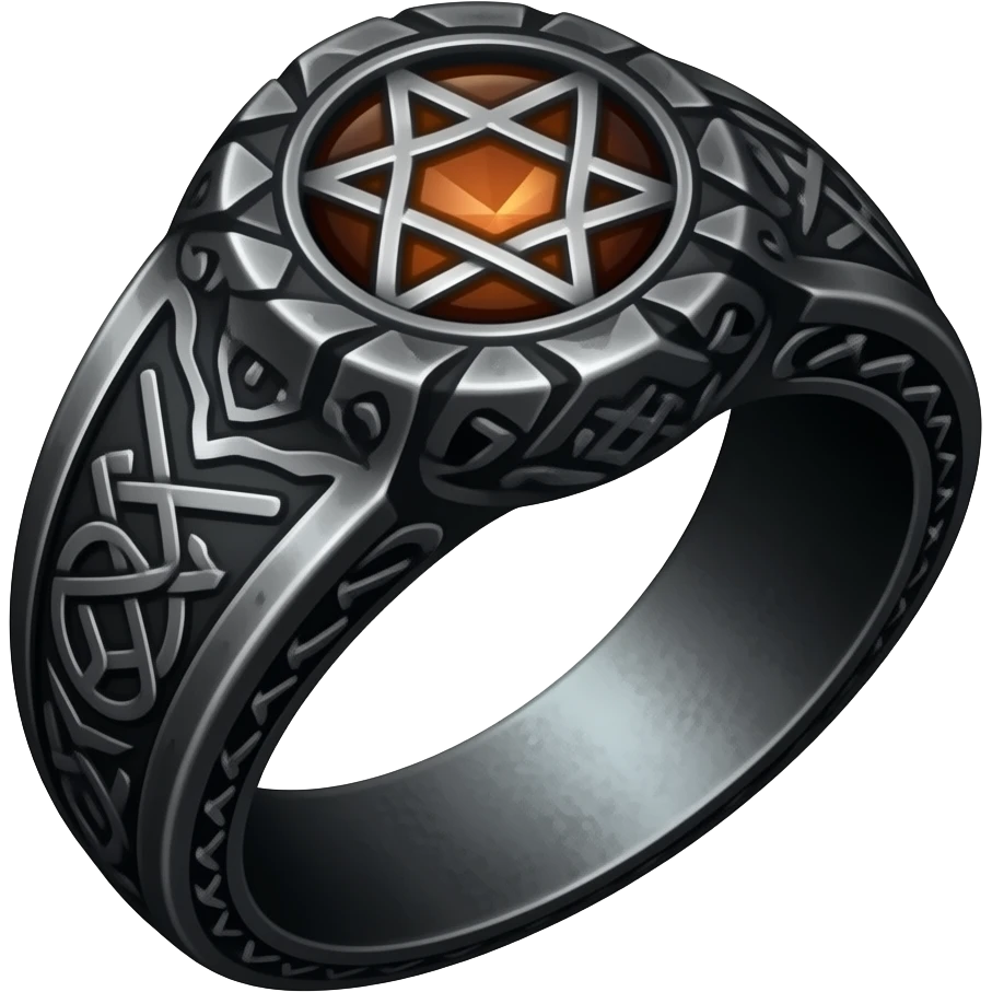 A runic ring meant for dark warlocks, dark and ominous with strange occult markings. Make it foreboding, maybe with a dark grey and orange gem emoji