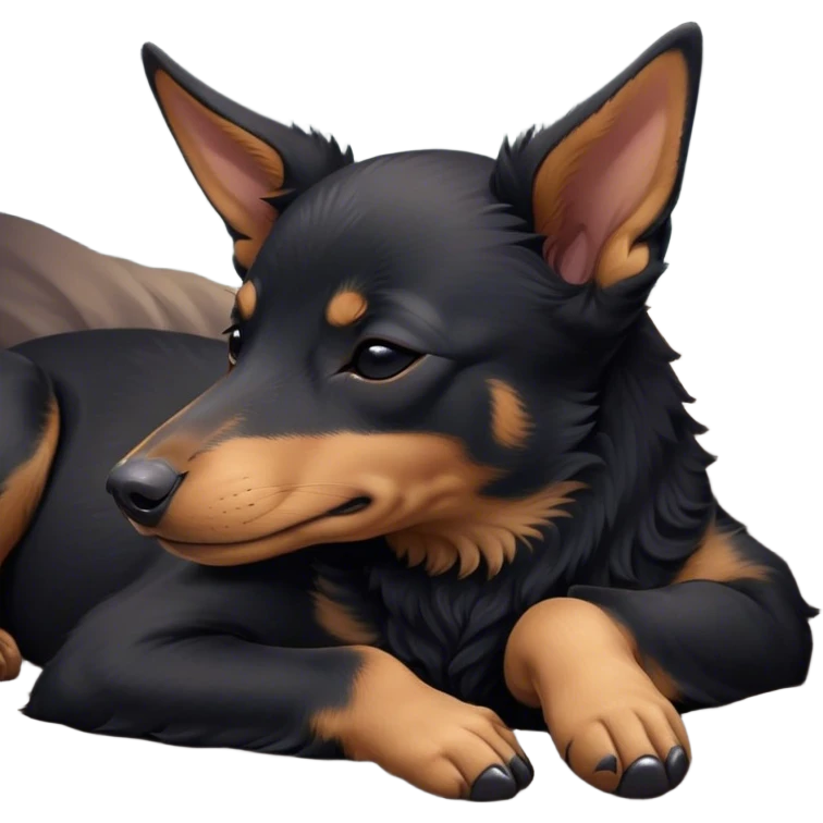 Meme-Worthy Cute Sleeping Black and Tan Kelpie Portrait Emoji, Head resting peacefully with a contented smile, showcasing a delightfully agile build and a luxuriously soft black and tan Fur, eyes shut in a serene nap, Simplified yet hilariously adorable features, highly detailed, glowing with a soft, drowsy light, high shine, relaxed and utterly lovable, stylized with an air of playful laziness, bright and heartwarming, soft glowing outline, capturing the essence of a comically sleepy herder, so meme-worthy it feels like it could instantly become the next viral sensation of adorable slumber! emoji