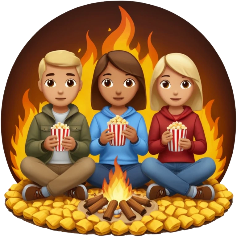 Born fire and people sitting beside born fire on chairs. Born fire is in the centre. People should be eating peanuts and popcorn. emoji