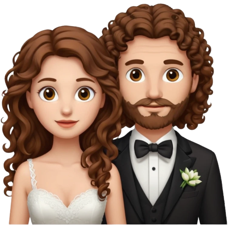 wedding couple woman with brown hair and eyes man with long curly hair and facial hair emoji
