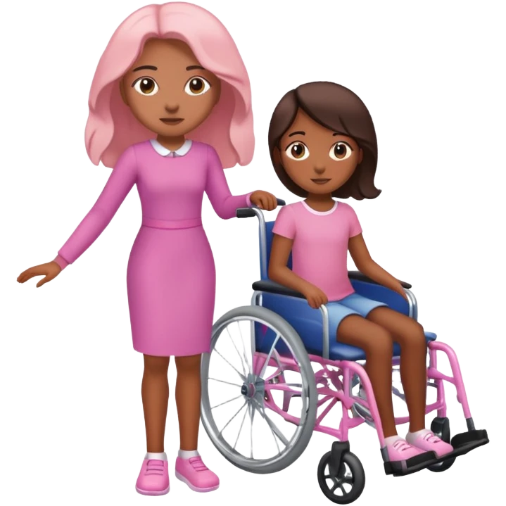 One tan skin sister standing behind her brown skin sister in a pink wheelchair emoji