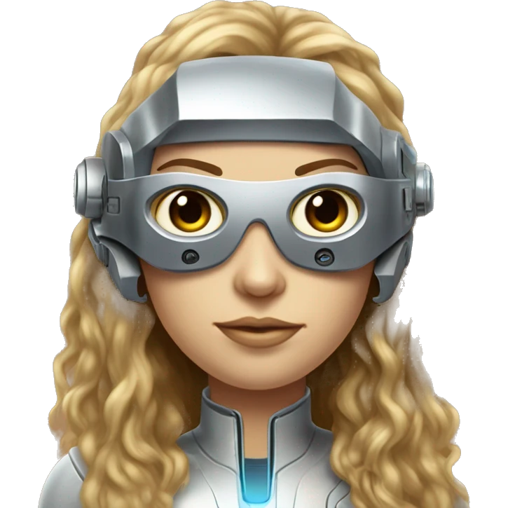 Brown long hair with blonde steaks female cyborg head, fair skin, space age goggles and circuits emoji