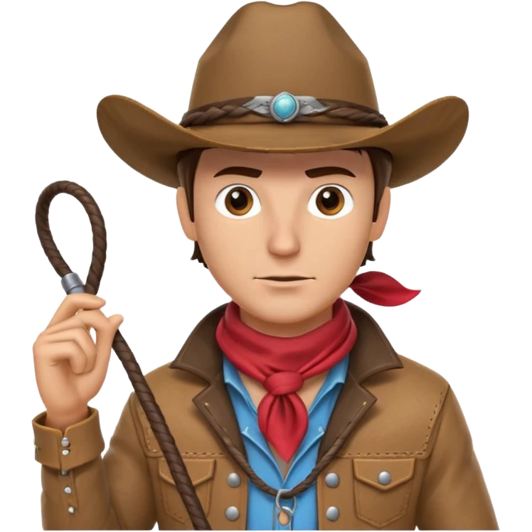 cowboy with a whip portrait, head and shoulders only, cowboy hat, bandana, western jacket collar, whip coiled over shoulder, confident expression, 3D cartoon, mobile game icon style, clean background, no text, no watermark
 emoji