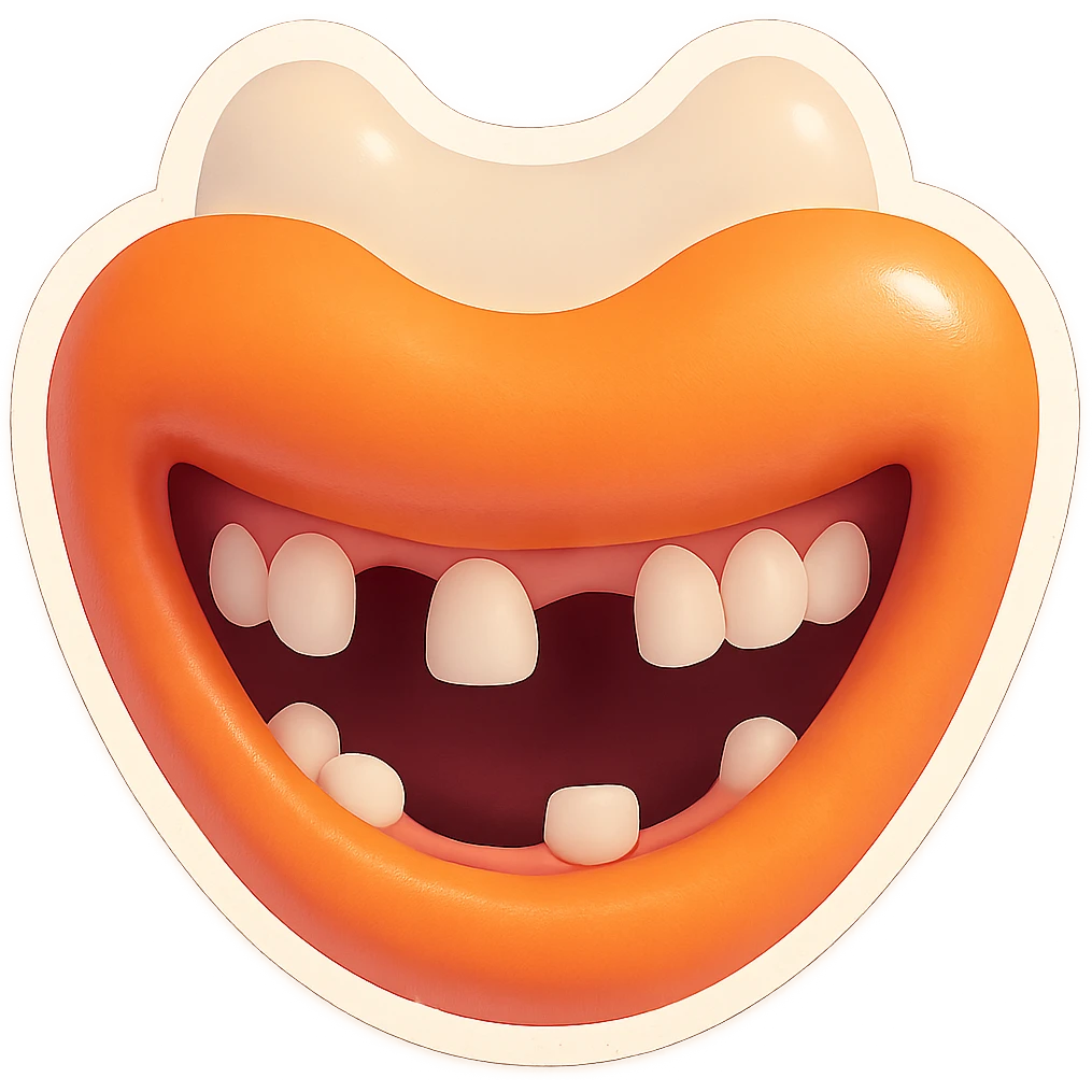 Edit the emoji to have a wide smile with two missing teeth, keeping the same retro stickers style and no background. emoji