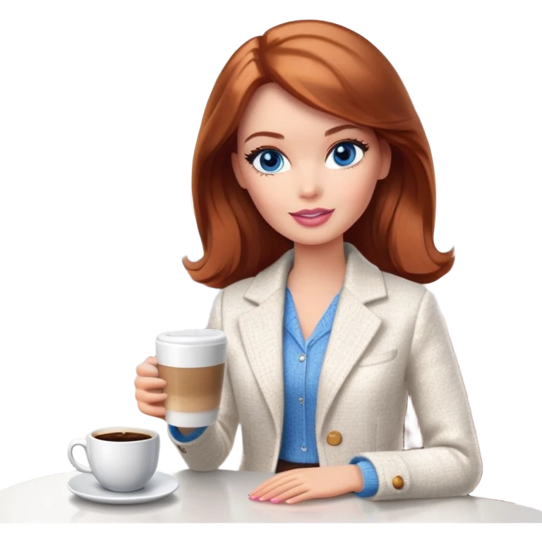 A Barbie girl with blue eyes, shoulder-length reddish-brown hair, made-up, wearing a white tweed jacket and a white skirt, with a glass of coffee in her hands emoji