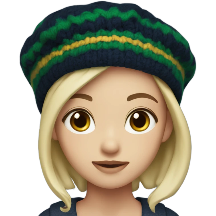 Girl waering stripe beret with navy& deep green color wool emoji