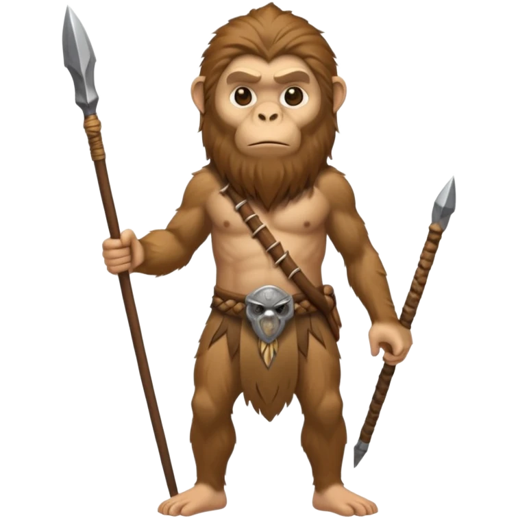 fullbody monkey Neanderthal with a human face, long hair, long beard, holding a spear emoji