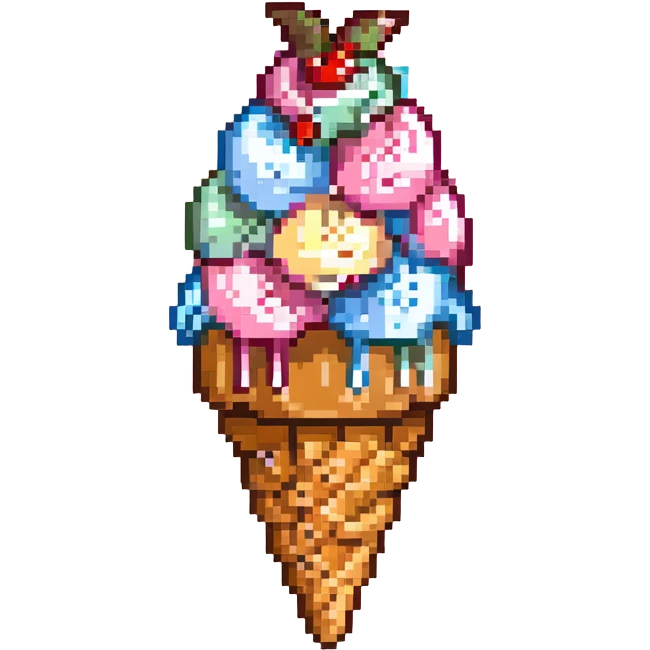 pixel art ice cream emoji, pastel pink scoop with creamy swirl, cherry on top, light brown cone with waffle pattern, 16x16 grid, simple, vivid outlines, subtle shadow under scoop, kawaii face with blush and tiny smile emoji