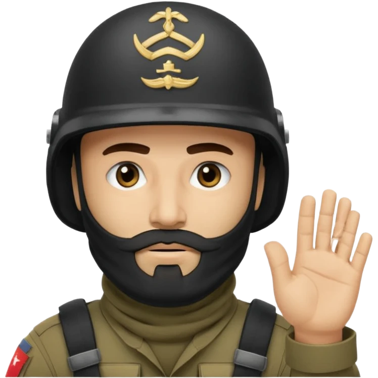 surrenders, depicts an Iraqi soldier from 1980, with a beard, in a helmet, a helmet without signs, with a balaclava, with sad eyes and raised hands emoji