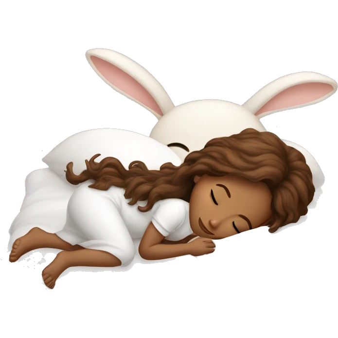 girl with brown beautiful hair sleeps in white bed with bunny emoji