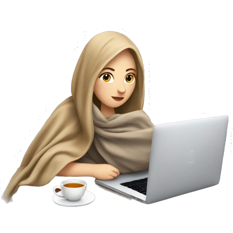 White Girl drinking tea with blanket on a macbook emoji