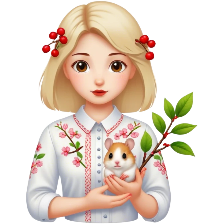 A Ukrainian girl in a white embroidered shirt holds a branch with a blossoming cherry and a hamster emoji