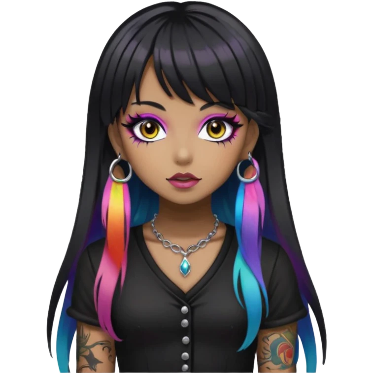 hime gyaru girl,  brown skin long black hair with rainbow fringe, tattoos, dark makeup, goth grunge clothes emoji