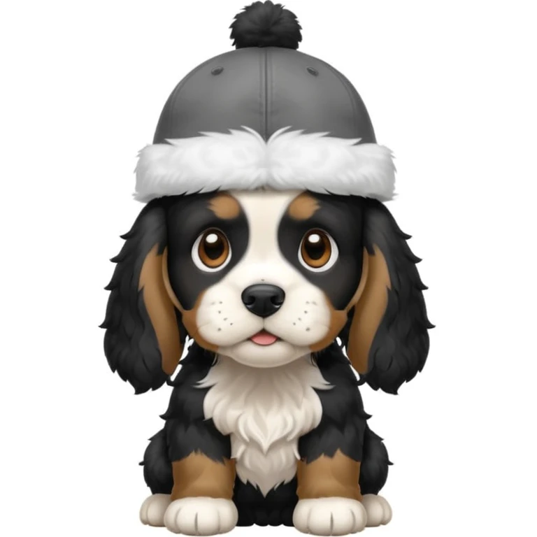 A black and white Russian Cocker Spaniel puppy wearing a cap, facing right emoji
