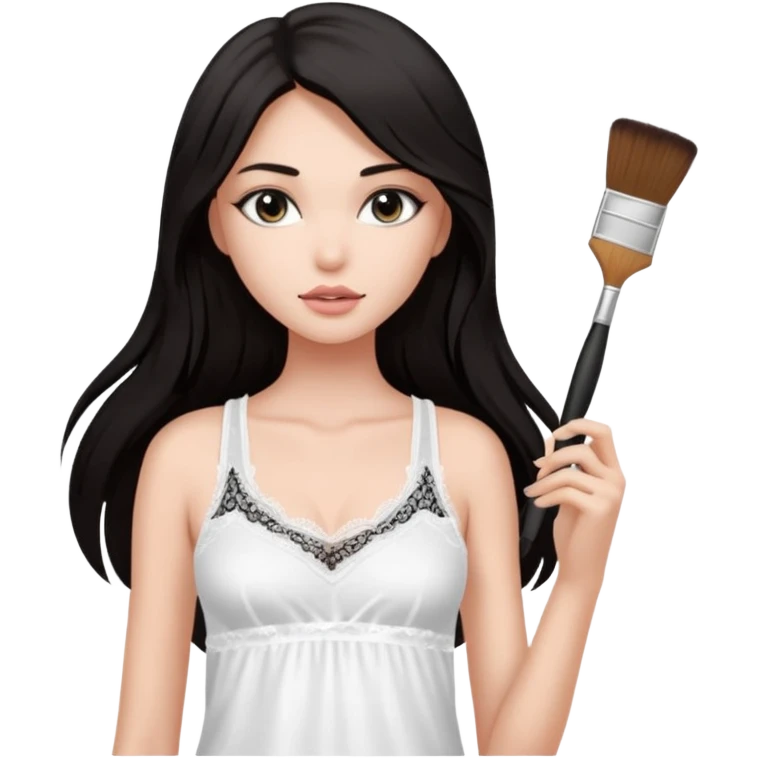 Dark long hair girl wearing white victorias secret sleepwear that looks like a tank top with lace is holding a normal makeup brush. emoji
