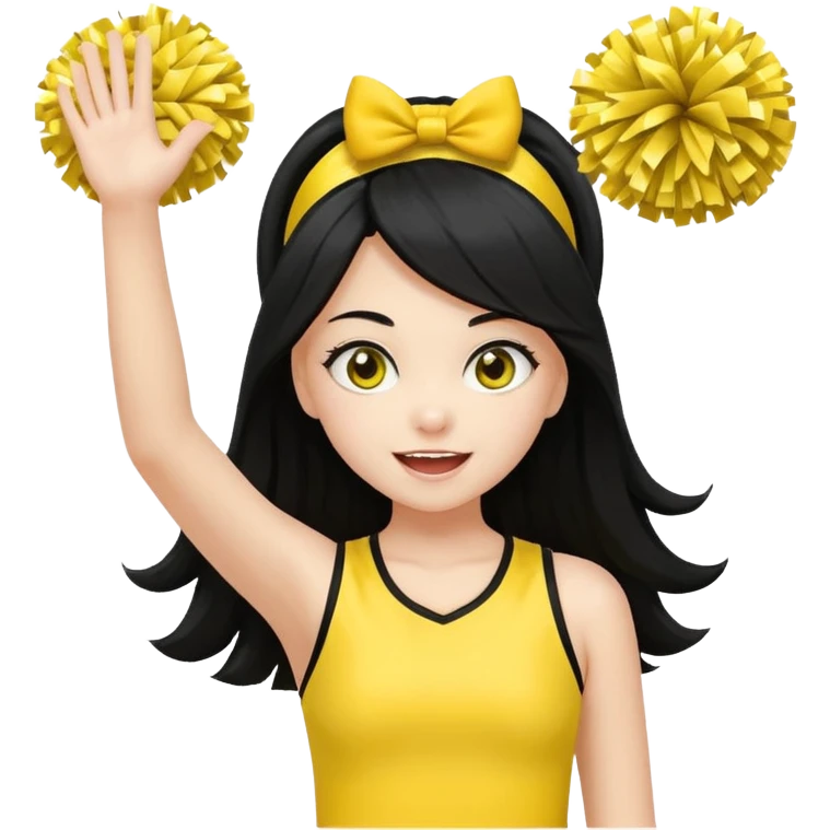 A long black hair teen girl waving pom-poms, eyes sparkling with excitement, yellow cheer leader top emoji