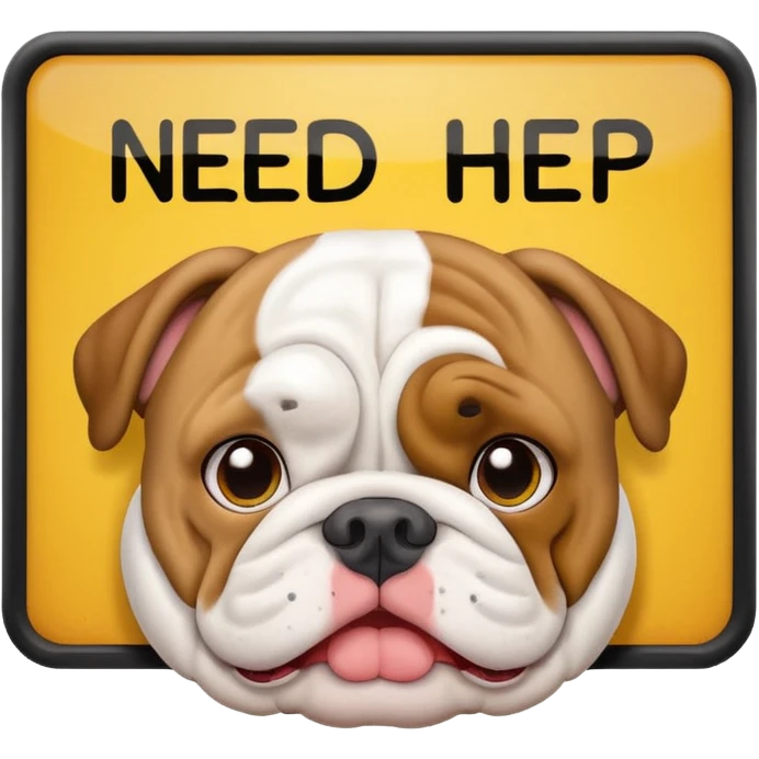 English bulldog peeking over a 'need help' sign, emoji style emoji