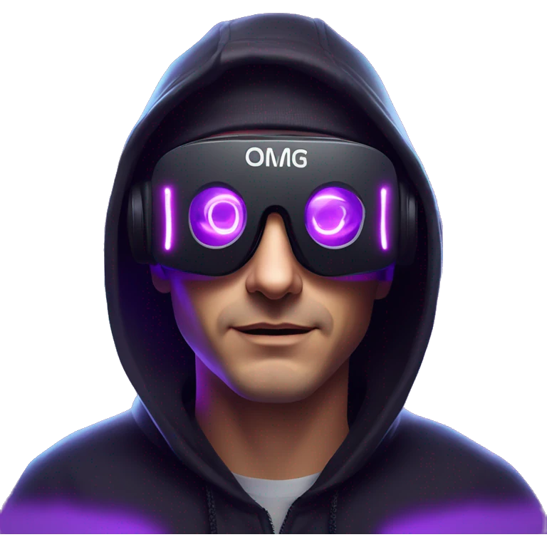 Russian man wearing a black hoodie with "OMG" letters on it and VR headset in a cyberpunk VR environment with violet neon lighting. emoji